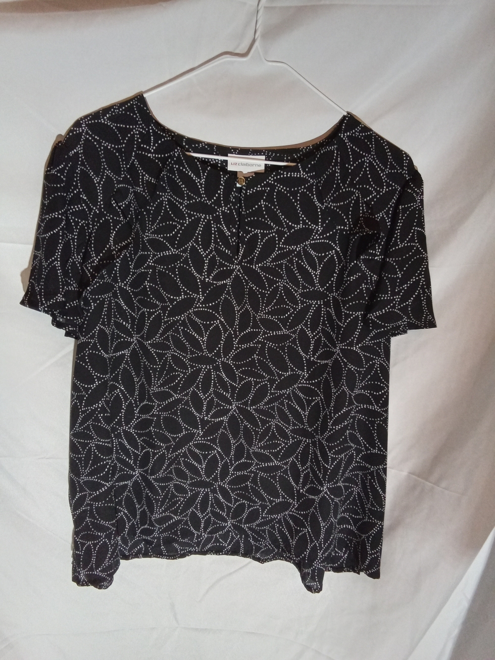 Liz Claiborne Black White Dotted Leaf Print Short‎ Sleeve Blouse PXL